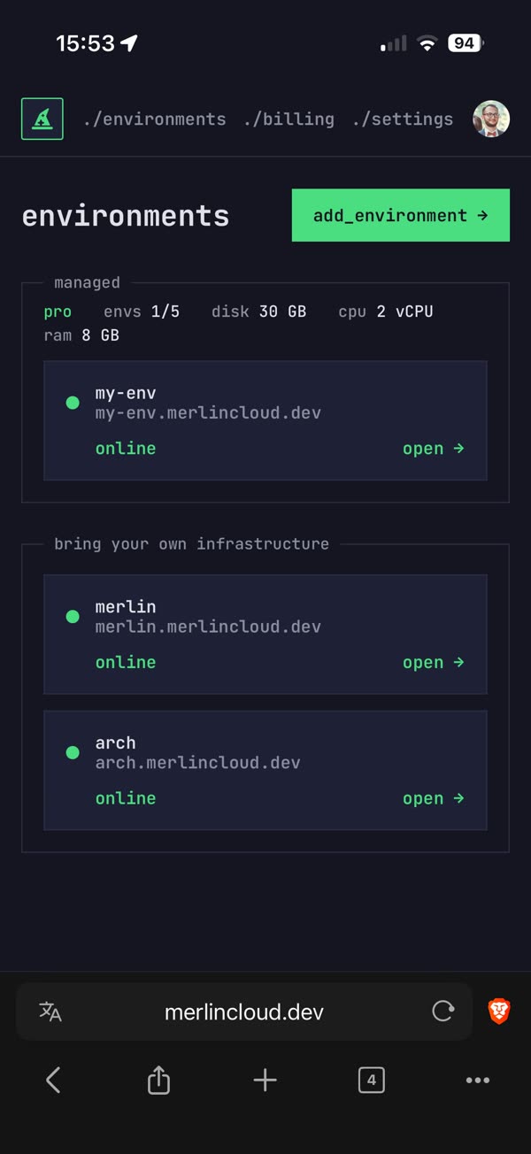 Merlin Cloud environments dashboard on a phone showing managed sandboxes and bring-your-own-infrastructure entries