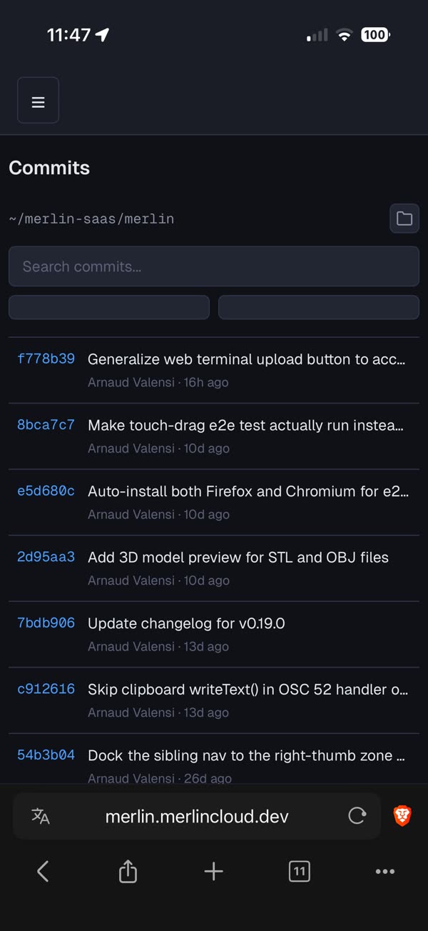 Merlin commits list on a phone