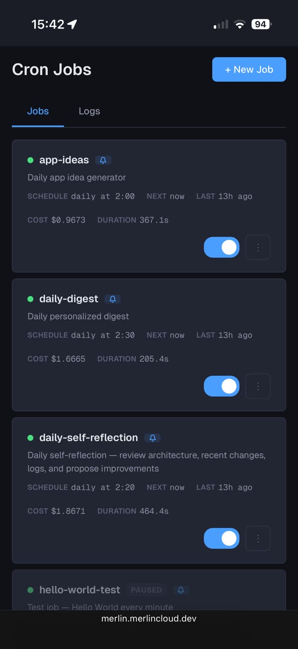 Merlin cron jobs list on a phone showing scheduled agent jobs