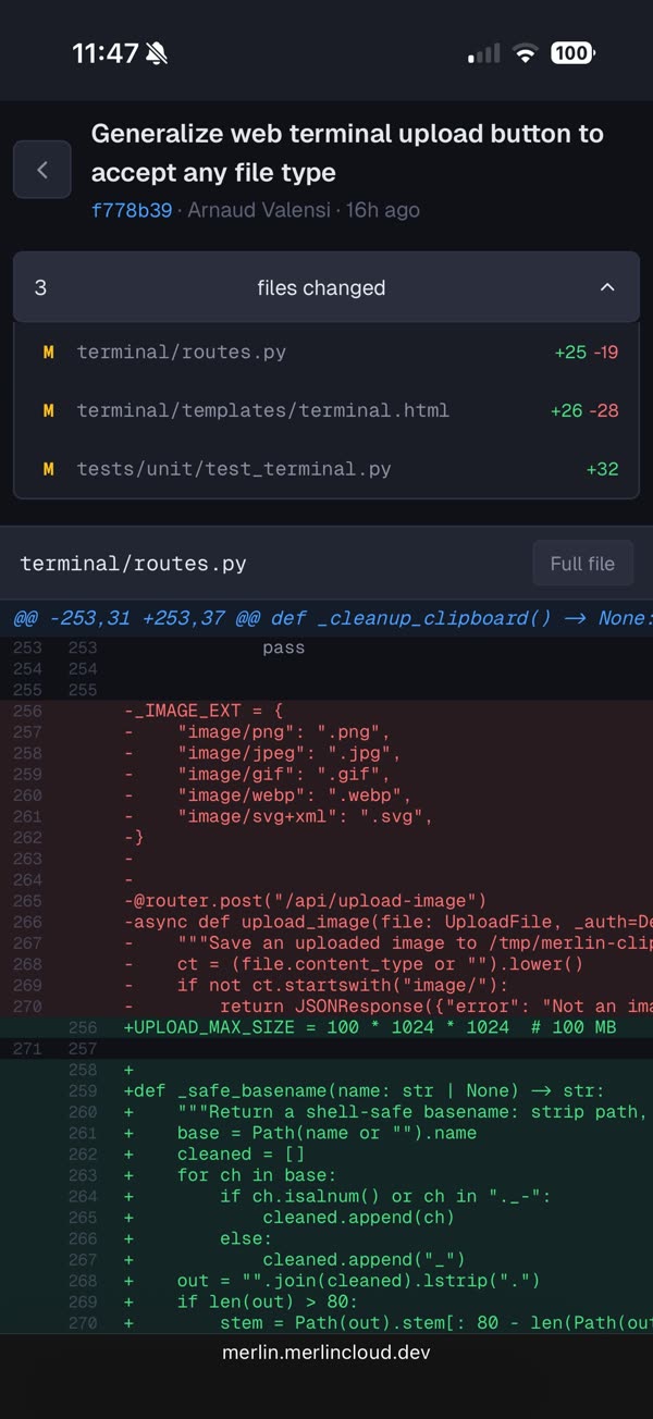 Merlin diff viewer on a phone showing changed files and colored diffs