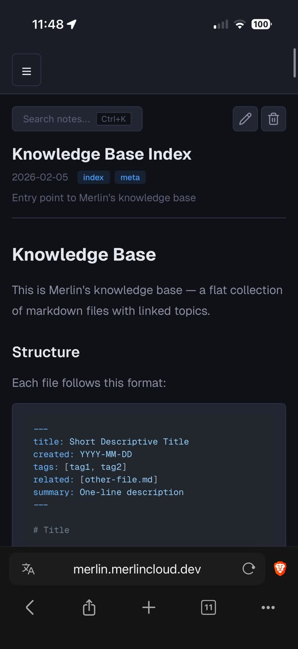 Merlin notes app on a phone showing a knowledge base index entry